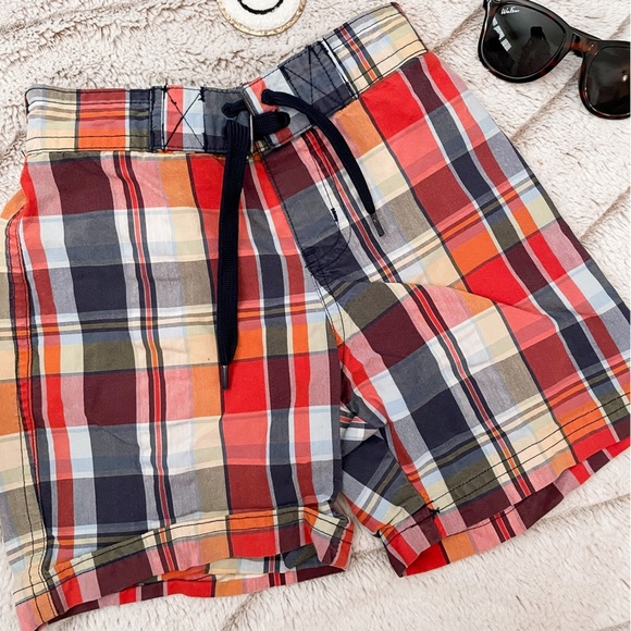 KIDS: Janie and Jack Coral Plaid Swim Trunks - Picture 1 of 6